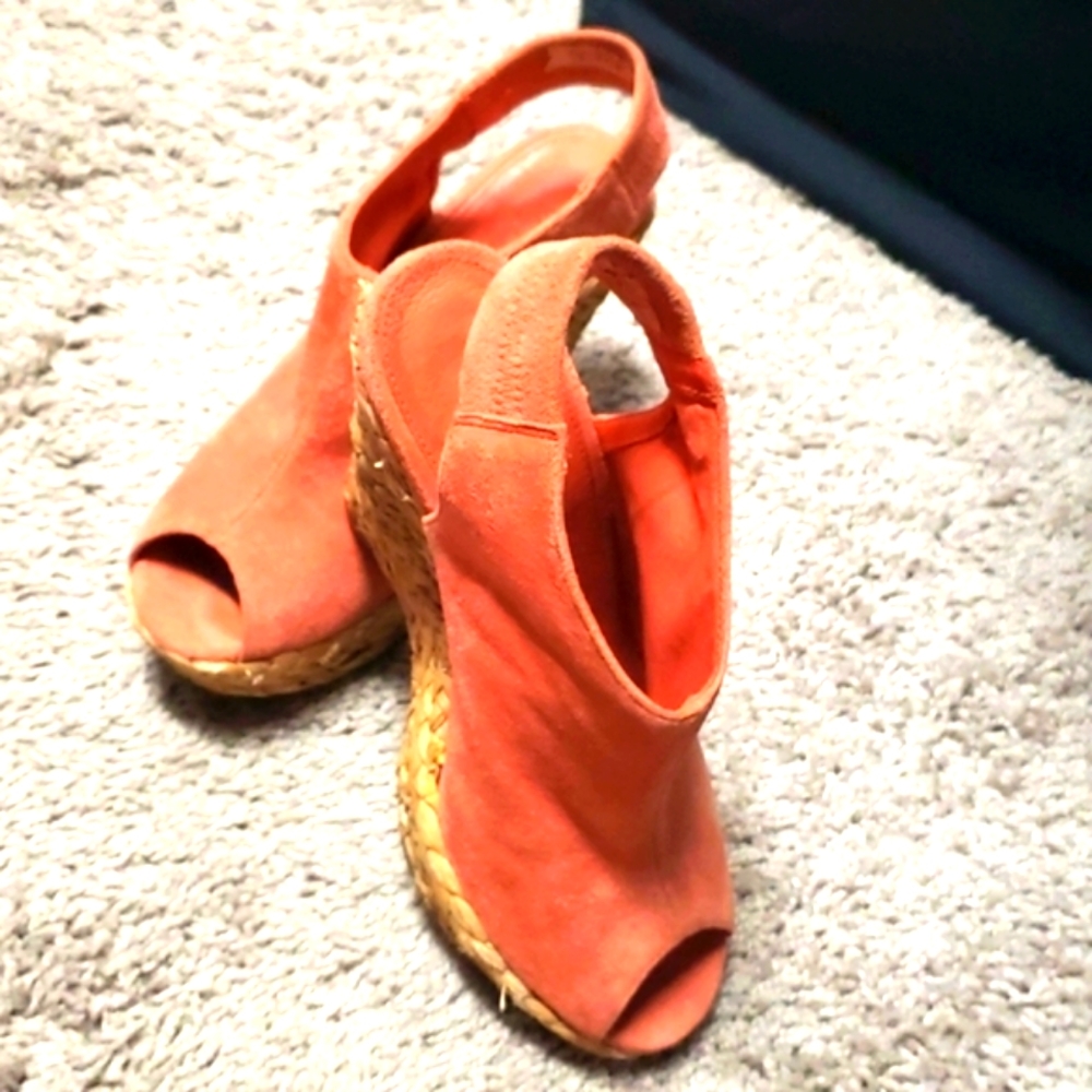 Velez Size 6 Peach Orange Sandal Suede Peep-Toe Wedge Slingback Espadrille Shoe